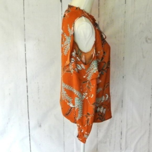 Japna Orange‎ Brown  Floral Blouse Cold Shoulder S - Picture 7 of 9
